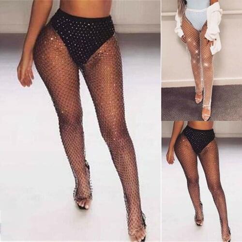 Crystal Diamond Mesh Pants Women Sexy Summer Hollow Out Transparent Loose Long Fishnet Pants Trousers