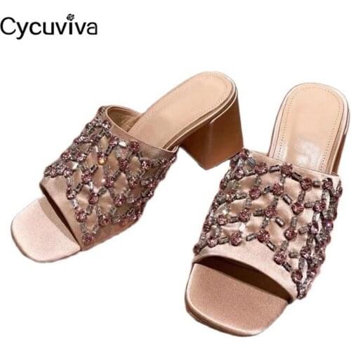 Block High Heel Women Slippers Rhinestone Peep Toe Slides Ladies Mules Runway Summer Dress Shoes Woman Gladiator Sandals