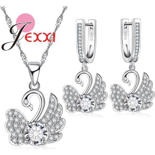 Luxury White Swan Wedding Jewelry Sets For Brides Women 925 Sterling Silver Pendant Necklace Earrings Set Femme Bijoux