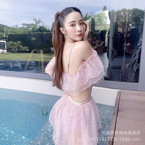 Female Fused Womens One-Piece Swimsuit Bikini One Piece New Luoqi Chiffon Lace Covering Solid Bathing Suit Bikini