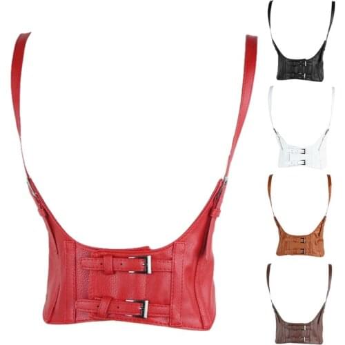 Women Vintage Gothic Faux Leather Underbust Corset Crop Top Solid Color Adjustable Vest Waist Belt Double Buckle Cincher