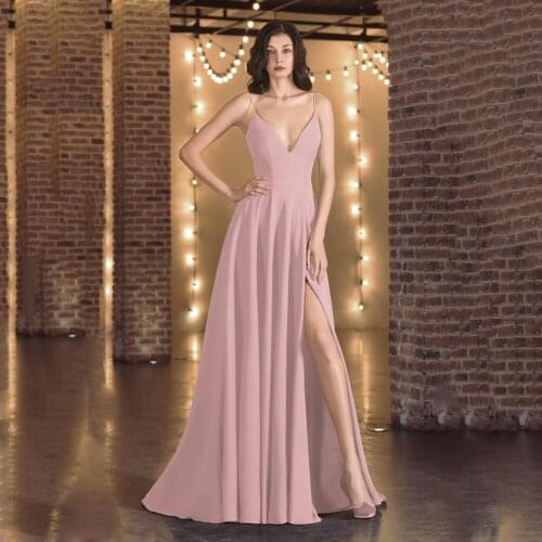 UZN Blush Pink Satin Fitted Prom Dress Sexy Spaghetti Straps V Neck Backless Evening Gowns High Slit Party Dress Vestido De Noch