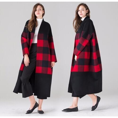 Long woolen blends cashmere coats for women 2019 autumn winter casual ladies jackets plus size black red plaid high quality