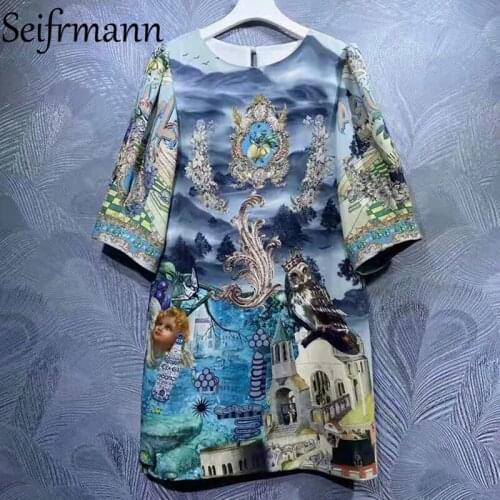 Seifrmann New 2021 Summer Women Fashion Runway Party Short Dress Half Sleeve Gorgeous Crystal Beading Vintage Printed Dresses