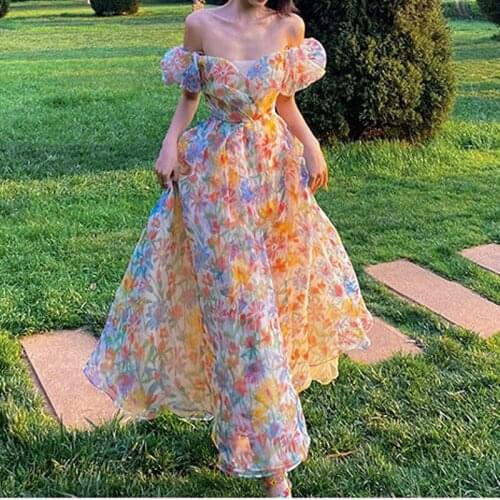 2021 Summer Floral Design Elegant Midi Dresses Women Short Sleeve Vintage Strap Dresses One Shoulder One Piece Dress Korean