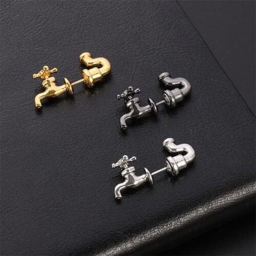 1 Pc Unique Funny Gold Black Metal 3D Faucet Stud Earrings For Women Men Jewelry Party Accessories Gifts