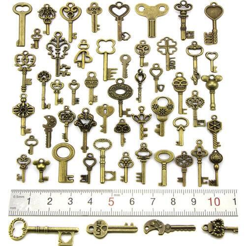 50PCS/lot Mix Antique Bronze Old Look Bronze Keys Vintage Pendant Metal Charms Decorations DIY Pendant Jewelry Findings