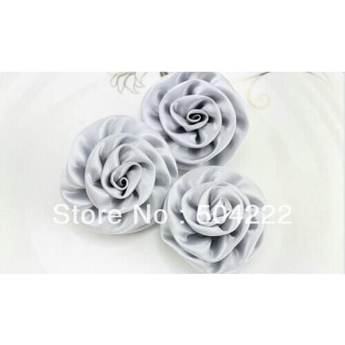 70pcs hand made shiny silver rosette Satin rolled Ribbon Fabric Flowers 55mm