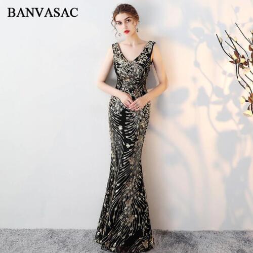 BANVASAC 2018 Sexy V Neck Sequined Embroidery Mermaid Long Evening Dresses Elegant Lace Backless Party Prom Gowns