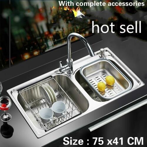 Free shipping Food grade 304 stainless steel hot sell kitchen sink 0.8 mm thick ordinary double trough 75 x41 CM