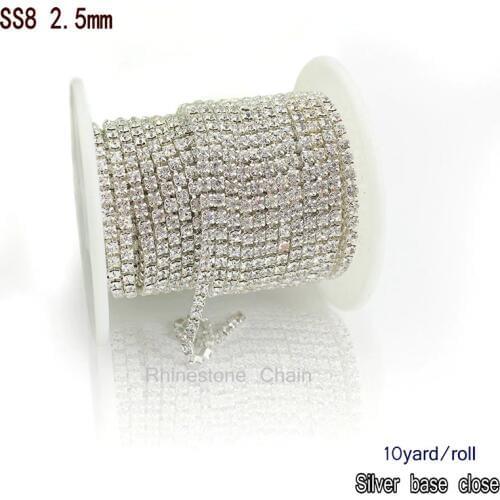 True glass crystal ss8 rhinestone cup chain 10 yards/roll clear rhinestones with silver base AAA quality rhinestones Chain