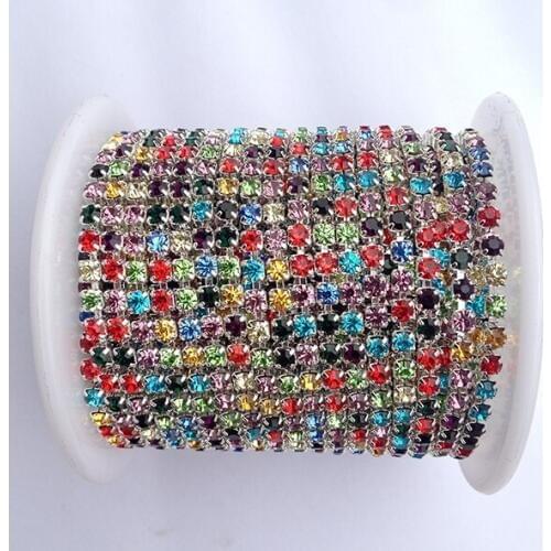 Mix Color Sew On Crystal Rhinestones Chain 10 yards/roll SS6 to SS12 Silver Base Rhinestone Chain