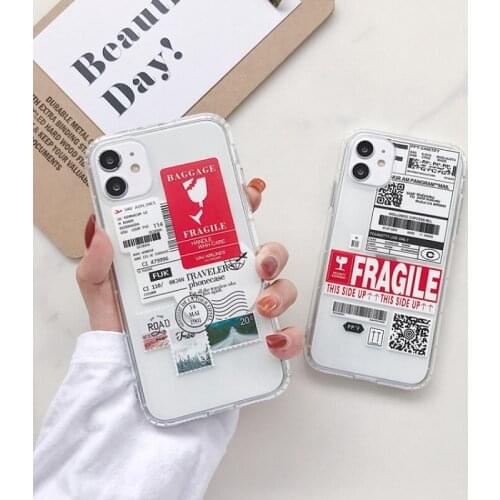 Phone Case For iPhone 12 11 Pro Max 12Mini X XS XR XSMax 6S 7 8 Plus Soft TPU Sticker Label Bar Transparent Fashion Cover