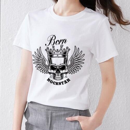 Womens Summer Street T-shirt Vogue T-shirt O-neck Ladies Gothic Style Casual Wild Pirate Wings Skull Print Ladies Short Sleeve