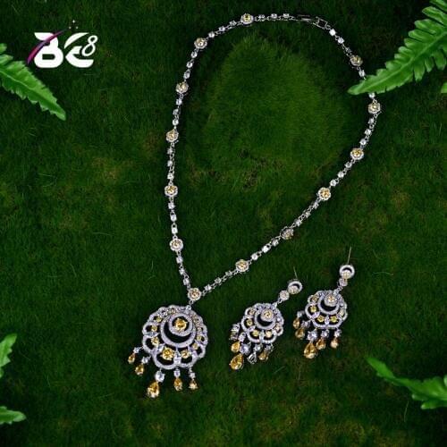 Be 8 High Quality Big Flower Shape Women Bridal Jewelry Set Yellow Rhinestone Necklace Set for Female Gifts African Jewelry S053