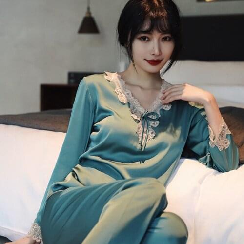FZSLCYIYI Summer Luxury Style Fashion Womens Rayon Lace Trim Pajamas Set Sleepwear Silk Like Pullover Homewear Nightwear