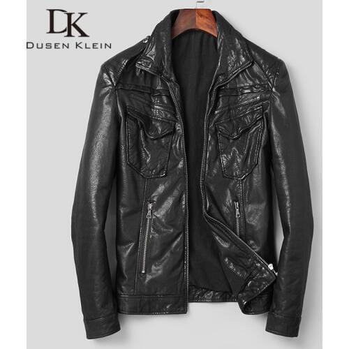 DK New Vegetable Tannin Leather Jackets Men Autumn Top Quality Real Sheepskin Leather Clothing Black Slim Mandarin Collar Coat