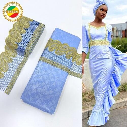Sky Blue Ribbon For Craftes With Embroidery And Bazin Riche Fabric For Daily Party Dresses Top Quality Bazin Riche Material