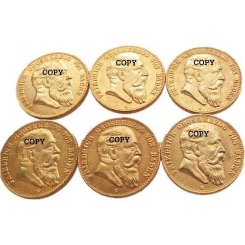 German States BADEN 10 Mark Full set(1902-1907) 6pcs Gold Plated Copy Coins