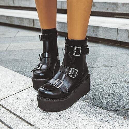 OLOMLB US4-13 Womens Round Toe Platform Belt Buckle Ankle Boots Wedge High Heel Side Zip Punk Motorcycle Gothic Shoes Plus