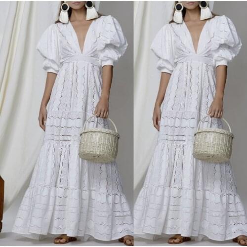 Womens Dresses Boho Women Holiday Lace Hollow Out Sundress Puff-Sleeve Solid V-Neck Maxi Dress Fashion 2021