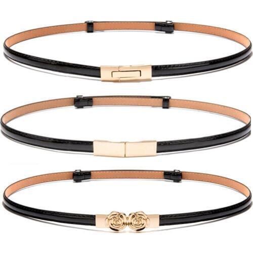 Fashion Waistbands For Women Dress Thin Bright PU Belt Gold Adjustable Patent Leather Strap Lady Decorative Belt Ceinture Femme