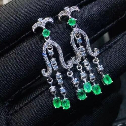 Luxurious long crown tassels S925 silver natural green Emerald drop earrings natural gemstone women birthday party gift jewelry