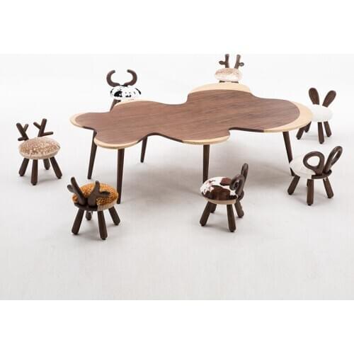 Kindergarten solid wood animal baby toy table chair combination cartoon children small short round bench North Europe