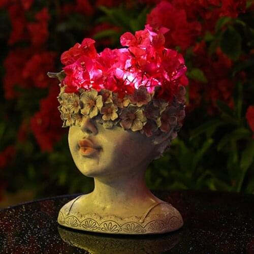 Solar vase garden decoration flower pot succulent plant pot girl head statue solar lamp cute girl flower Nordic head decoration
