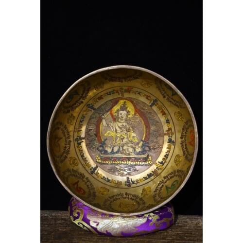11"Tibet temple Old Bronze Hand beat Engraved Tracing Longevity Buddha Statue Bowl sound bowl Big bowl Dharma Town House