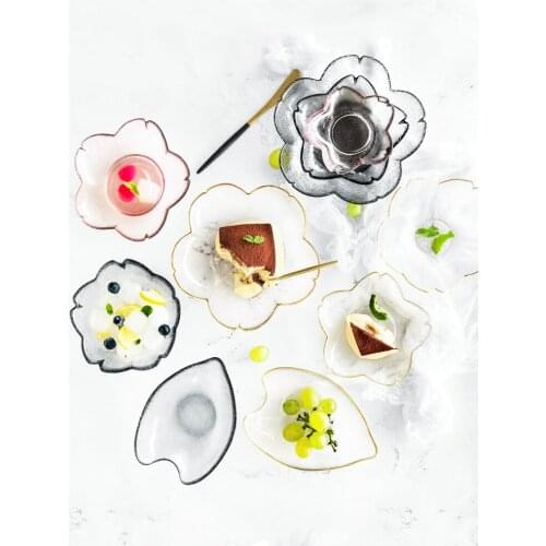 Glass petal flavored plate, golden border plate, Japanese cherry blossom pink glass flavor dish, saucer, snack, dessert bowl