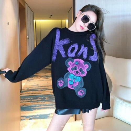 Letter Cartoon Printed Sweater Women Loose Lovely Pullover Jumper Women Knitted Tops Causal Long Sleeve O-neck Pull Femme