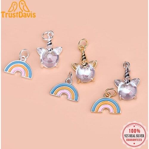 TrustDavis New Real 925 Sterling Silver Rainbow Unicorn Charm Pendant Handmade DIY Accessories Fine Jewelry Wholesale HY017