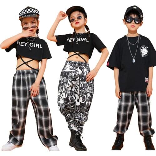 Lolanta Girls Short Sleeve Crop Top Boys Black T-shirt Kids Plaid Long Pants Elastic Waist Children Hip-Hop Streetwear