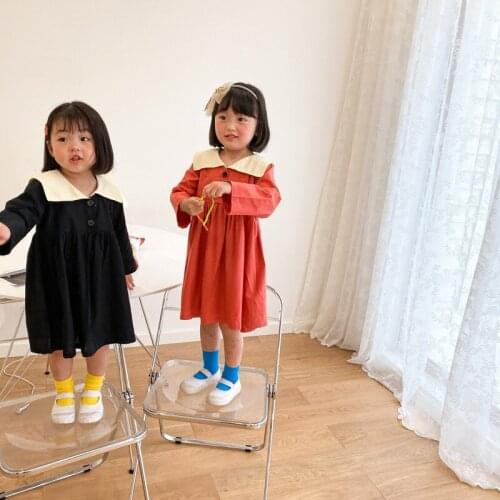 KOKI 2012 Spring Baby Girls Dress Cotton Soft Big Turn Down Collar Korean Japan Style Solid Color Children Clothing Kids Outfit