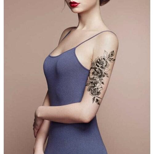 Waterproof Temporary Tattoo Sticker Black Realistic Rose Peony Flower Leaves Fake Tattoos Flash Tatoo Arm Body Art for Women Men