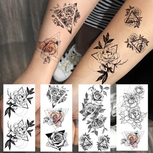 Triangle Flower Temporary Tattoos For Women Sexy Realistic Fake Tattoo Rose Watertransfer Flora Tatoo Sheet Body Art Hand Beauty