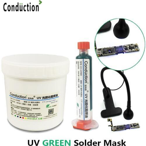 Green Oil UV Cured Solder Mask 100g BGA PCB Paint Prevent Corrosive Arcing Soldering Paste Flux Ink Soft Nylon Brush LED light