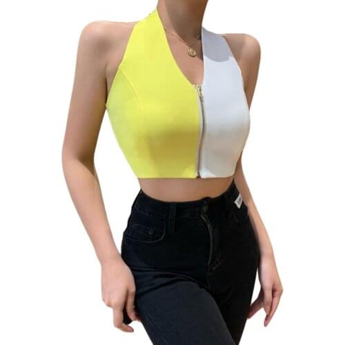 Womens Halter Crop Tops Sexy Sleeveless Backless Color Block Zip Front Camisole