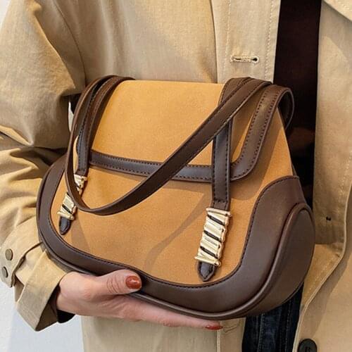 Vintage Scrub PU Leather Shoulder Bags For Women 2021 Womens Designer Color Contrast Handbag Female Travel Armpit Saddle Bag