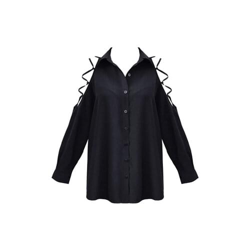 Ruibbit Gothic Punk Women Off Shoulder Lace up Crop Black Blouse Female Black Sexy Loose Tops V Collar Cool Girl Punk Rock