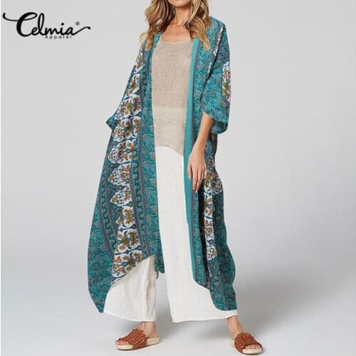 Women Long Cardigan Celmia 2021 Summer Floral Print Shirt Kimono Blouse Belted Open Front Blusa Casual Loose 3/4 Sleeve Cover Up
