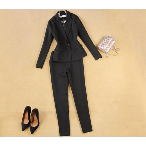 Womens Set autumn and winter new slim simple tooling black suit +9 pants suit Womens