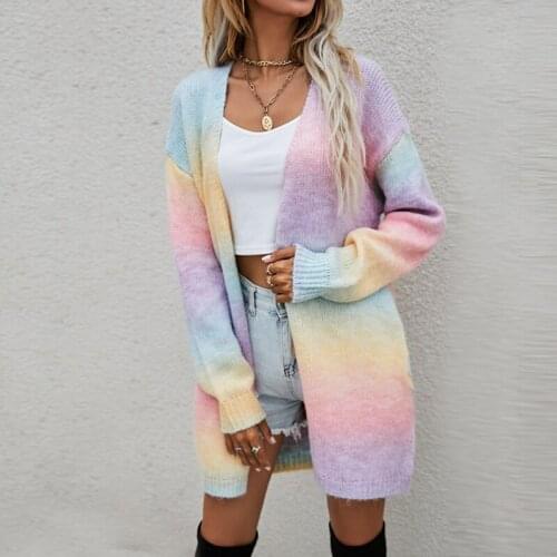 Women Open Front Sweater Adults Autumn Winter Tie-dye Long Sleeve Knit Cardigan with Pockets