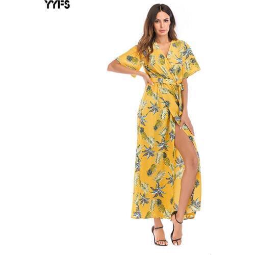 2019 new summer holiday womens dress European and American deep v-neck multicolor short-sleeved chiffon floral beach dress