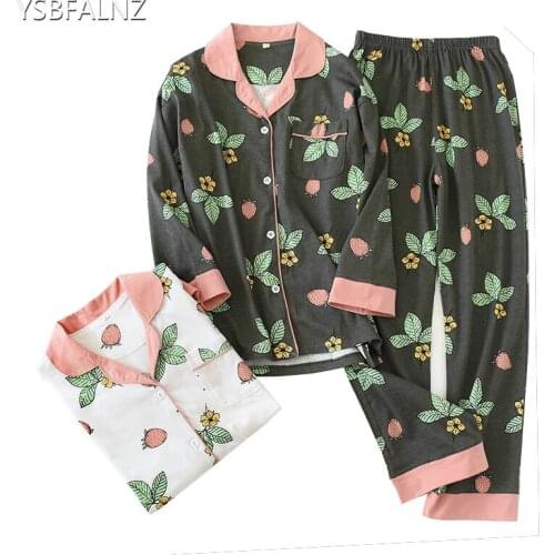 2021 Spring New Women Full Cotton Sleepwear Set Fall Fresh Style Leaves Printed Pajamas Set Ladies Cardigan+Pants 2Pcs Homewear