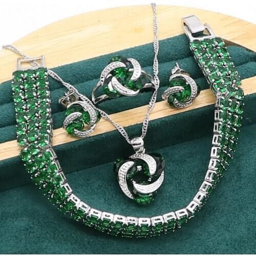 925 Silver Bridal Jewelry set for Women Green Emerald Party Bracelet Stud Earrings Necklace pendant Ring
