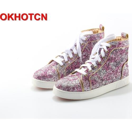 Bling Patent Leather Women Casual Shoes Lace Up Glitter Flat Shoes Brand Design High Top Silver Red Shoes Pink Sweet Sneakers 42