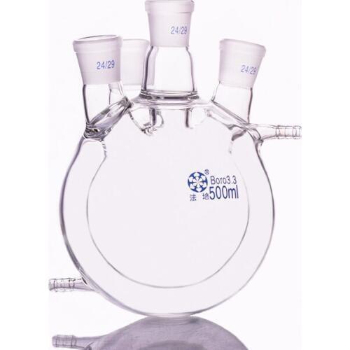 Double-deck spherical four icro oblique necks round bottom flask,Capacity 500ml,Joint 24/29,Mezzanine jacketed reactor bottle