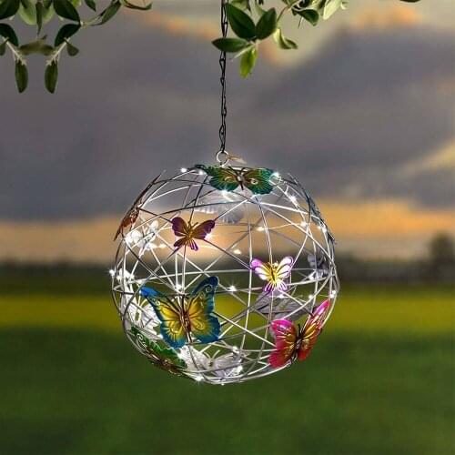 Solar Powerd Butterfly Lights Wind Weather Solar Lighted Hanging Mesh Orb With Colorful Butterflies Outdoors Garden Decoration